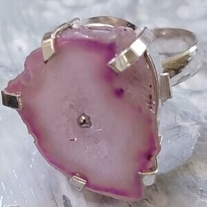 Pink Agate Slice Statement Rings,  Gemstone Sterling Silver Ring, Size 7.5